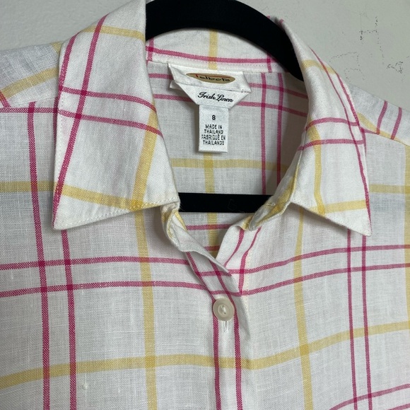 Vintage Talbots Irish LINEN button down pastel pink/yellow plaid flowy shirt SZ8 - Picture 8 of 10